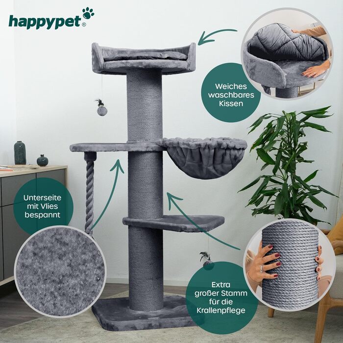 HAPPYPET Premium Котячий Дерево Cooper 150 см для великих котів, кішок Мейн-кун, стовбури 20 см, натуральний сизаль, сірий, стійкий когтеточка-клітер для котів