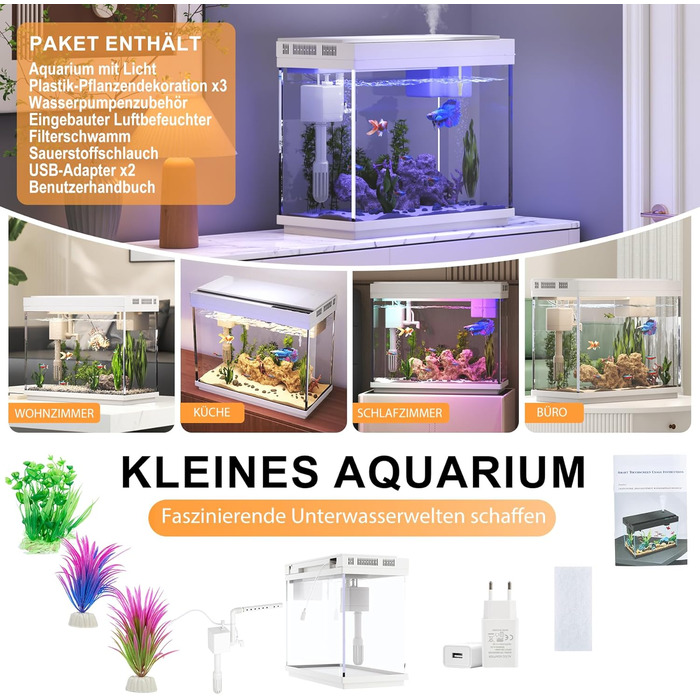 Акваріум Vehipa Nano 9L з підсвічуванням, зволожувачем, фільтром та циркуляцією води (білий)