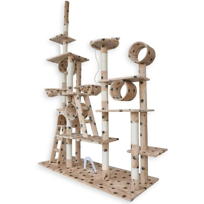 Кігтеточка BITUXX® для котів з будиночком та ігровим майданчиком, регульована висота 230-250 см (Бежевий / Лапка)