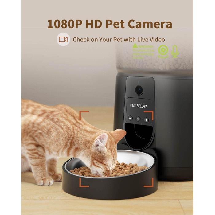 Автоматична годівниця для котів Puppy Kitty з Wi-Fi, керування через додаток, відео та аудіо, нержавіюча миска, до 8 годувань на день