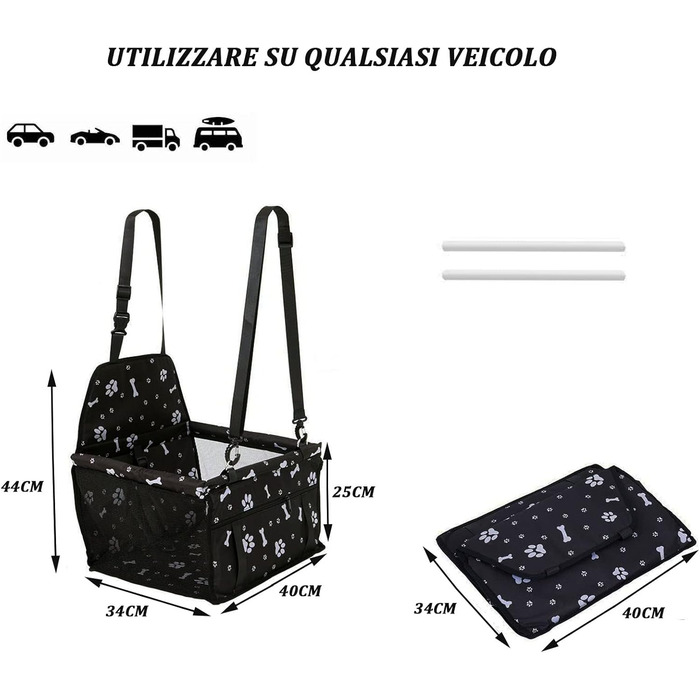 Автомобільний сидіння для собак на переднє пасажирське місце - чорний, з принтом лап, з ременем безпеки, водонепроникний, складна подушка