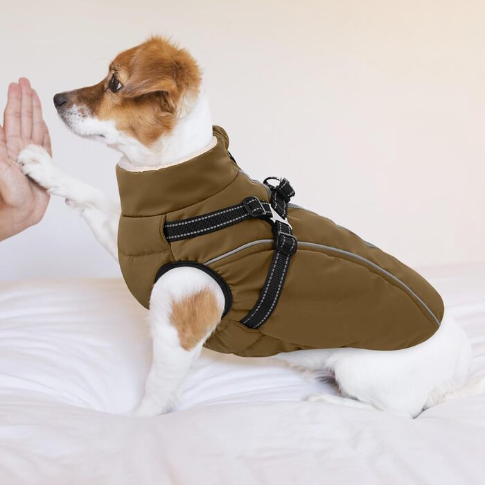 Теплий зимовий одяг для собак: куртка з блискавкою, вітрозахисна, з відбиваючими смугами та нагрудником, коричнева, XL