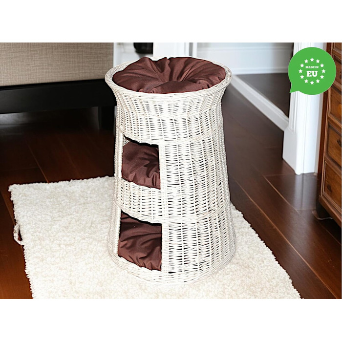 Кігтеточка-ліжко для котів: кругла хатинка з ротанга, триярусне ліжко для собак та котів, колір - білий, з коричневою подушкою