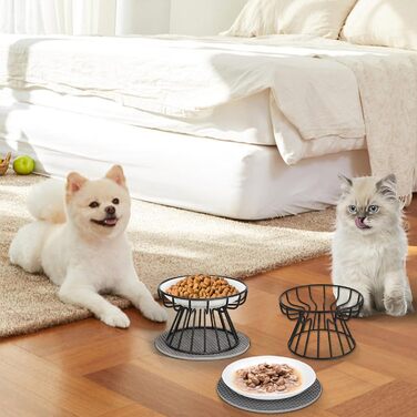 Підвищені годівниці для котів 2 шт. з кераміки з металевим підставкою, миски для котів з силіконовим килимком, станція для годування проти блювоти, миски для котів для корму та води, чорного кольору