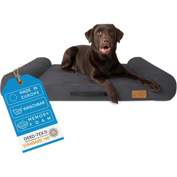 FREUDENTIER® ортопедичне ліжко для собак з Memory Foam, супер м'яке, миється, Made in Europe, підходить для собак маленьких, середніх та великих порід (110x64см), колір Dark