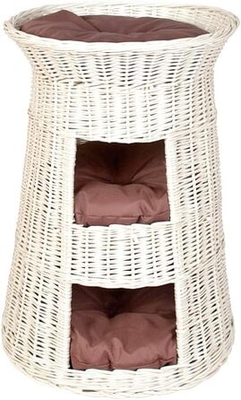 Кігтеточка-ліжко для котів: кругла хатинка з ротанга, триярусне ліжко для собак та котів, колір - білий, з коричневою подушкою