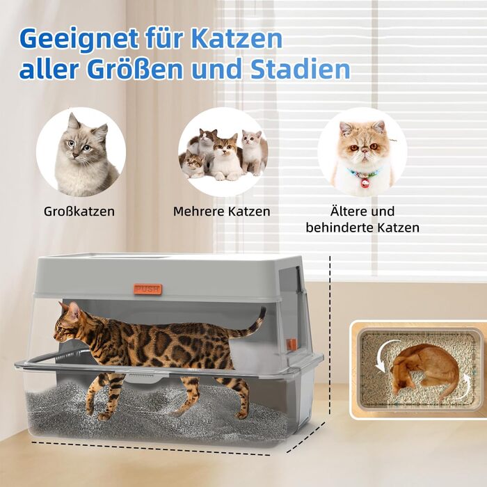 Великий котячий туалет з кришкою KMNSUN XXL, 30 л, з нержавіючої сталі, з двофільтровою системою та совком, високий бортик, не протікає, сірий