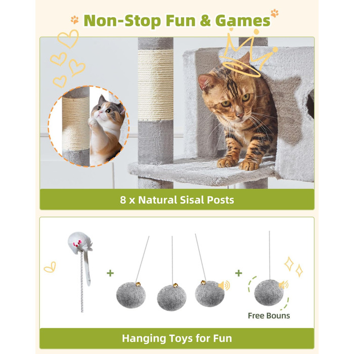 Кігтеточка для котів Taoqimiao 193 см, велика, XXL, з будиночками, гамаком, платформами та 8 стовпчиками для заточування кігтів, сірого кольору MS046W