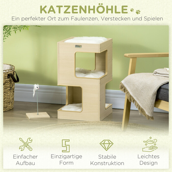 PawHut Cat Cave 3-х ярусна шафа для кішок Кімнатний будиночок для кішок з дубовою подушкою та іграшкою 34x34x60см для любителя кішок