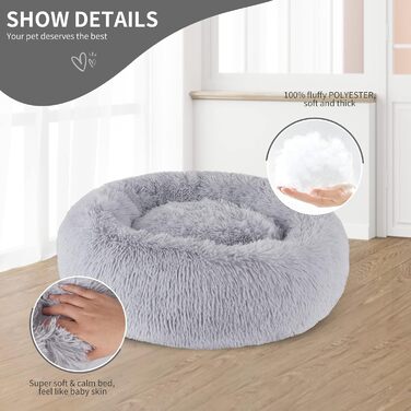 Кругле ліжко для собак та котів BVAGSS, плюшеве, донат, 50 см, сірий колір. Зручне, м'яке, миється. Підходить для маленьких, середніх та великих собак та котів. Розміри: 50 x 50 x 15 см.