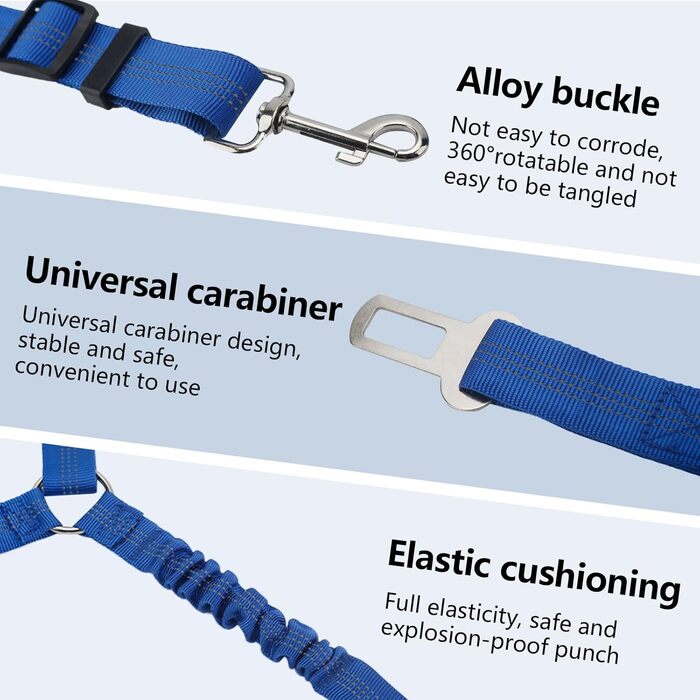 Ремінь безпеки для собак у машину, подвійний, еластичний, регульований з амортизатором та карабіном для маленьких та середніх собак (блакитний)