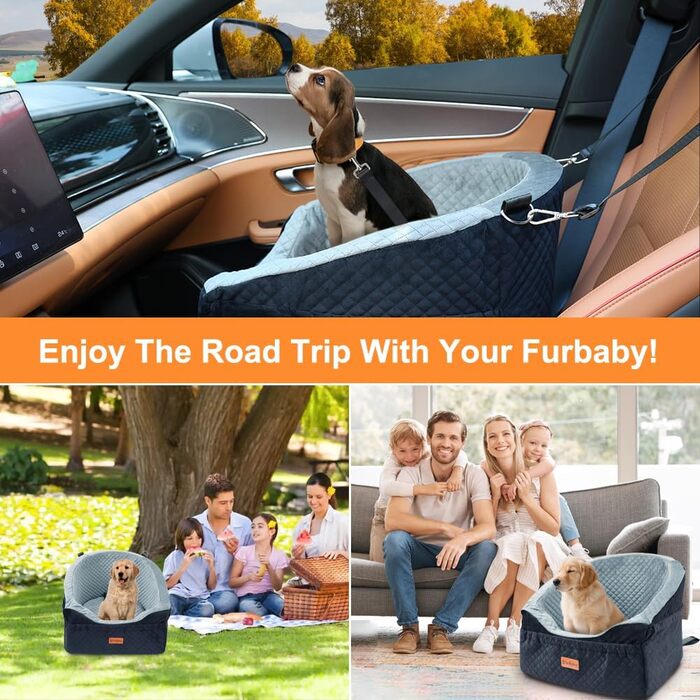 Автокрісло для собак маленьких та середніх порід, сіре. Знімне, миється, з підсумками та ременем безпеки. До 13,6 кг