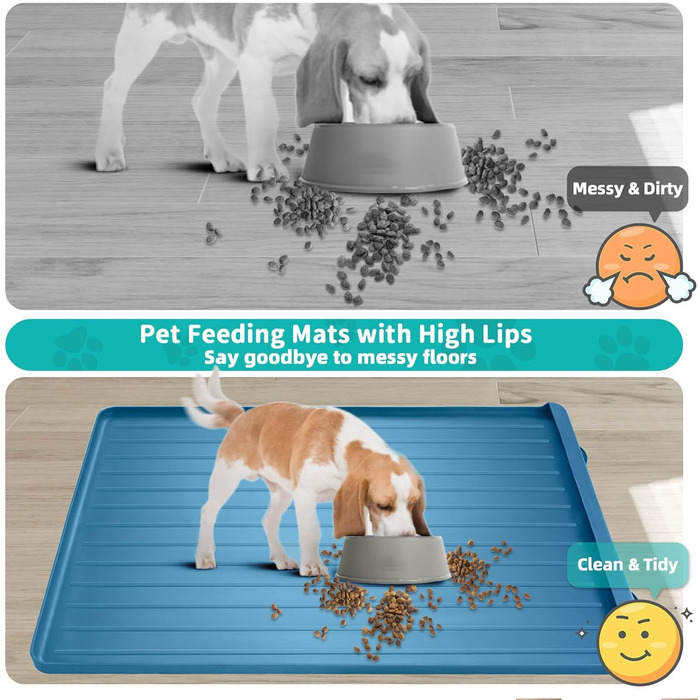 Килимок для корму та води для собак та котів, 100x68.6 см, з кишенькою для збору залишків, водонепроникний, з високими бортиками, Marineblau (морський блакитний)