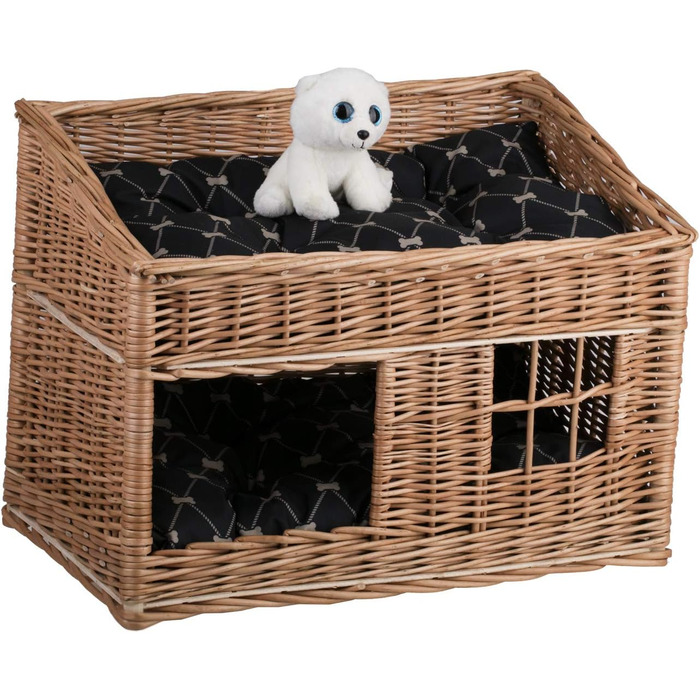 Кішка Будинок Прямокутна з Плетеного Лози, Двоярусний Корз для Кота з Подушкою та Вікном (Чорний, Натуральний)