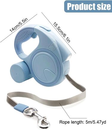 Висувна поводок для собак з LED, зручний руків'я, тримач для відходів, для собак до 25 кг, блакитний