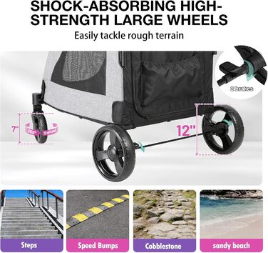 Візок для собак EchoSmile для середніх та великих собак до 70 кг, сірий, складний, з сітчастими віконцями та регульованою ручкою, 4 проходимі колеса