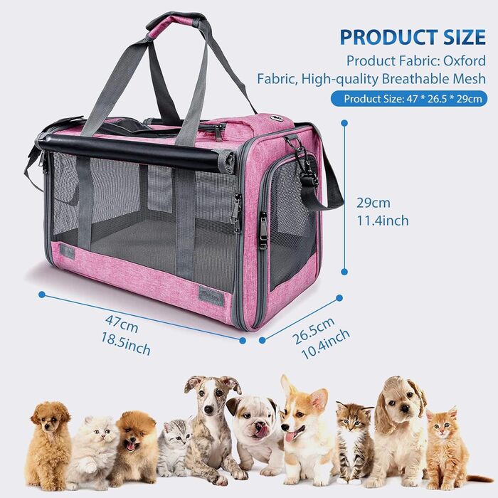 Транспортна переноска для котів та собак PETCUTE, рожева, 9 кг, складна, з плечовим ременем, для подорожей та кемпінгу