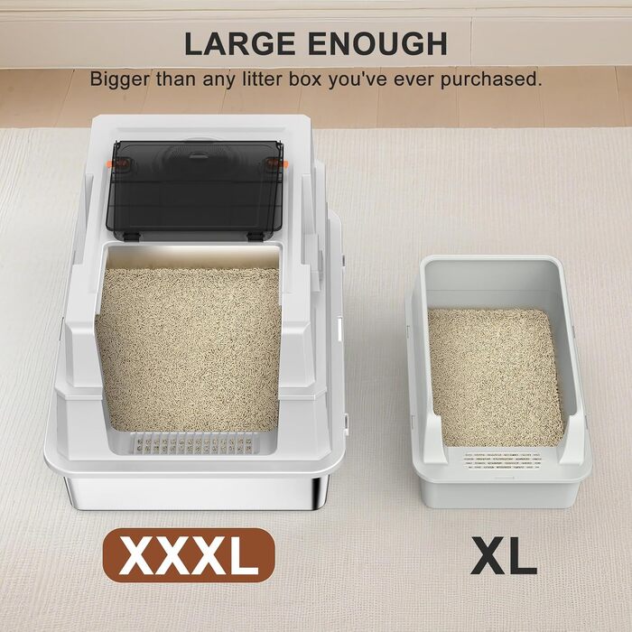 Лоток для котів MIXJOY XXL з кришкою та двома входами, закритий туалет із нержавіючої сталі з совком, для великих та кількох котів, 71x51x42 см, сріблястий