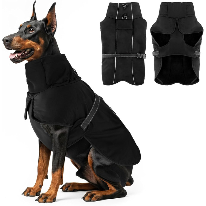 Водонепроникний зимовий теплий одяг для собак - тепла куртка з флісовою підкладкою та високим коміром, чорна, для середніх та великих порід