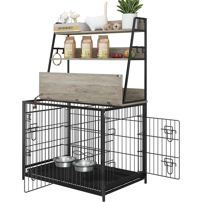 IDEALHOUSE Клітка для собак, меблі, з підйомною кришкою, приставний столик, 3-ярусна полиця, для середніх собак, сірого кольору