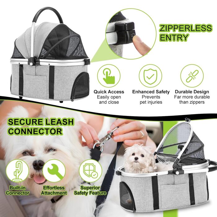 3-в-1 Візок для собак з знімним сидінням, переноска, сумка-трансформер, складаний, до 20 кг (сірий)