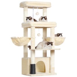 Котячий будиночок Hey-brother Kratzbaum для великих котів та Мейн-кунів, багатоярусний, з 2 платформами, 2 будиночками, великою печерею та щіткою, EMPJ070W (Бежевий)