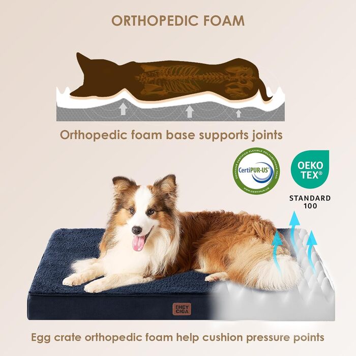 Ортопедичне ліжко для собак середніх порід EHEYCIGA, 89x58x9 см, м'яке, знімний чохол, блакитне