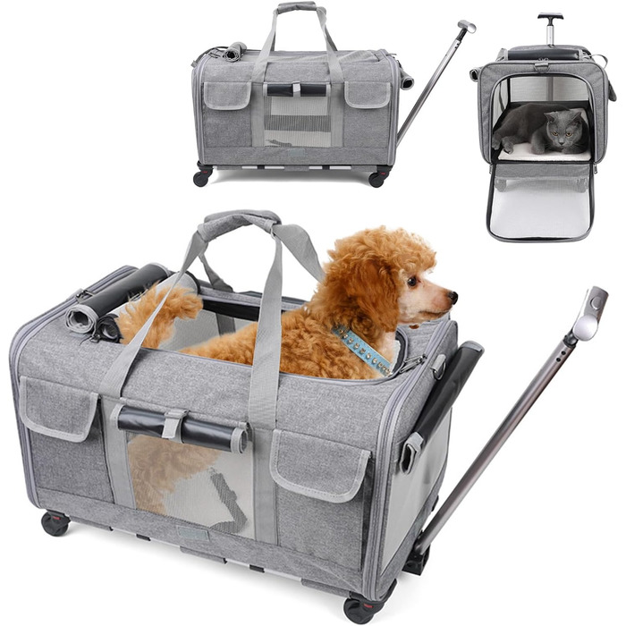Транспортна сумка для котів PETCUTE з колесами, дихаюча переноска для 2 котів, складана переноска для собак з телескопічною ручкою, знімний килимок, ідеальна для подорожей (Сіра)