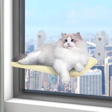 Крісло-гамак для котів Gearific на вікно, розкладне, з 4 присосками, міцним каркасом та дихаючою сіткою (Бежевий, 45 x 30 см)