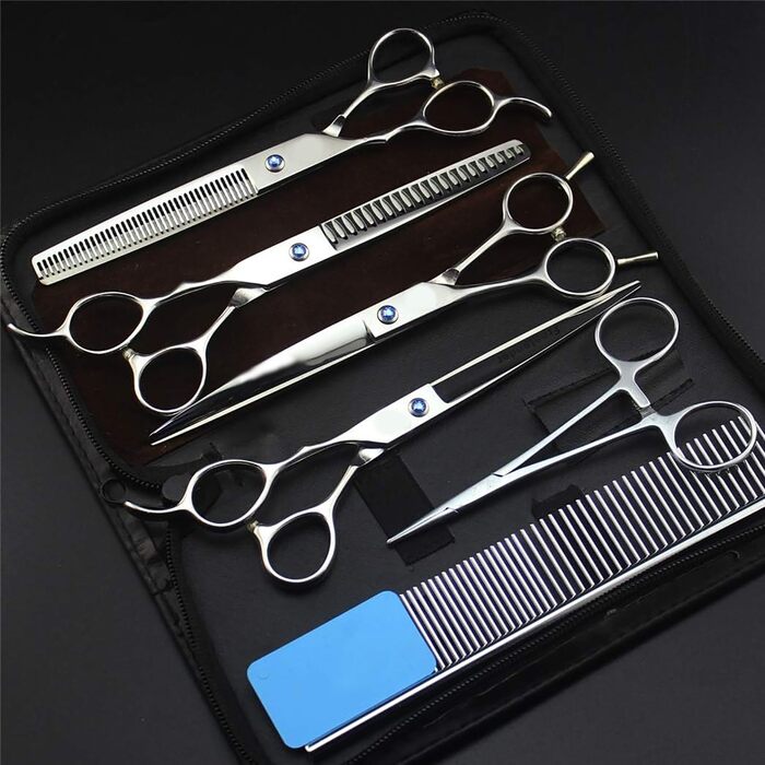 Набір професійних ножиць для грумінгу домашніх тварин, 7.0, 6 шт., прямі, тонкі та вигнуті ножиці, довговічний 9CR нержавіючий сталь для догляду за собаками
