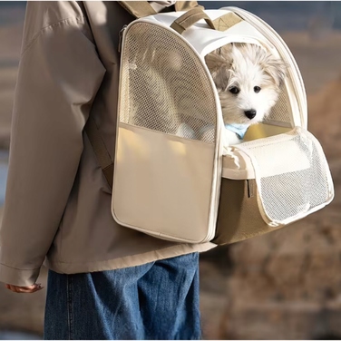 Складаний переноска-рюкзак для котів та собак, бежевий, великий, з сітчастими кишенями