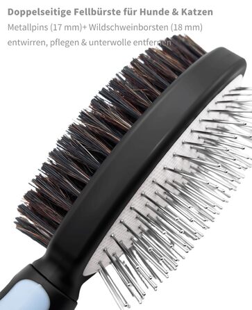 Двостороння щітка для собак та котів – вичісувальний гребінь для довгої та короткої шерсті, металеві щетинки та натуральна щетина, ергономічна ручка TPR, м'який та ефективний догляд за шерстю (Синьо-Чорний)