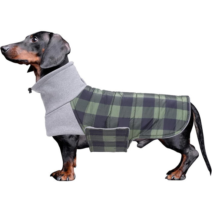 Зимовий теплий нашийник для собак Dachshund (Такса) від Geyecete, водонепроникний, з отвором для повідка, теплий пуловер для маленьких собак, червоно-зелений в клітинку (XS)