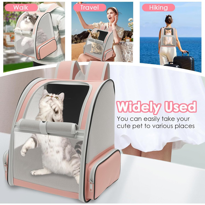 Складаний рюкзак для котів та собак, рюкзак-переноска з сіткою, м'яка підстилка, до 6,8 кг, дихаючий, для подорожей, прогулянок (рожевий)