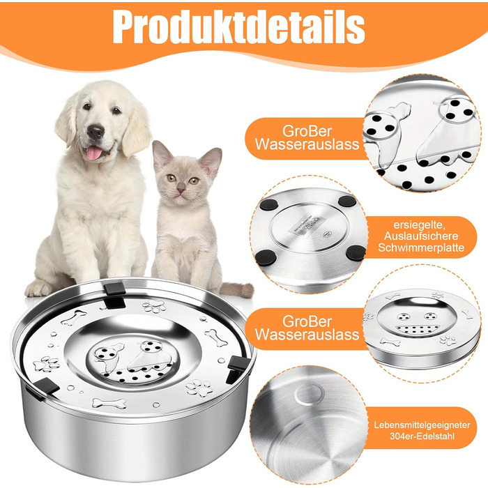 Миска для собак 3L без розливання, нержавіюча сталь, плаваюча годівниця, протиковзаюче дно, для цуценят та кошенят, здорове пиття