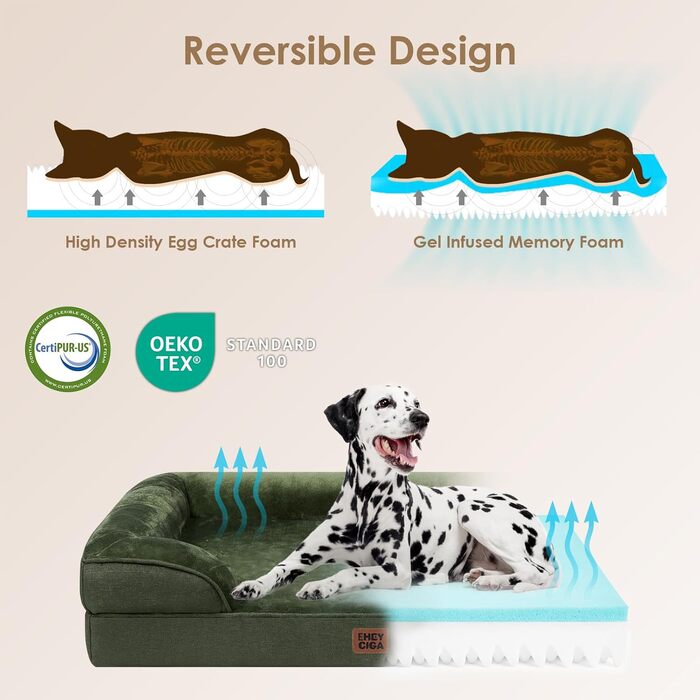 Ортопедичне ліжко для собак EHEYCIGA, 76x51 см, Memory Foam, середні породи, вологостійке, з високим бортиком, темно-зелене