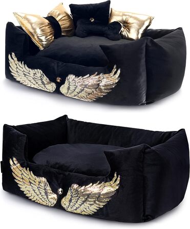NELKE Розкішне ліжко для собак Glamour-стиль. Чорне ліжко-софа з золотими крилами для маленьких та середніх собак. Знімний, washable (можливість прання)