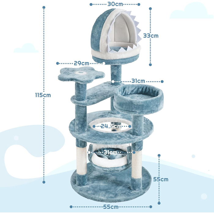 Котячий комплекс Yaheetech Meer Kratzbaum, великий, сучасний дизайн 'Океан', з гамаком та мотузкою з сизалю, 115 см, блакитно-білий