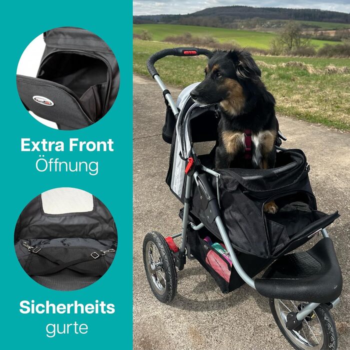 Візок для собак Innopet Comfort Air Eco чорного та срібного кольору – візок для собак/кішок з 30 см повітряними колесами, складаний, для лісових доріжок, світловідбиваючі смуги, органайзер, матеріал з переробленого нейлону