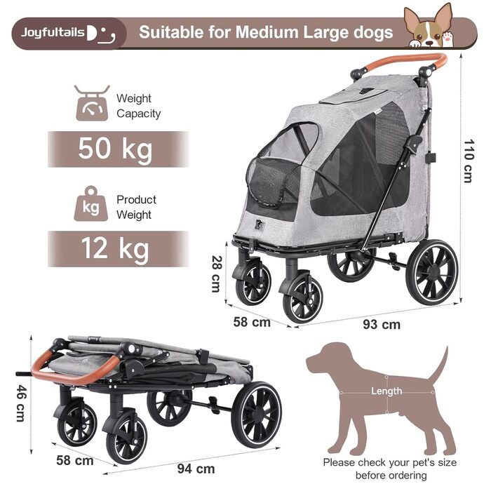 Візок для собак до 50 кг, складний, для великих та середніх собак, візок для котів, вантажний візок для собак з 4 колесами, регульована ручка