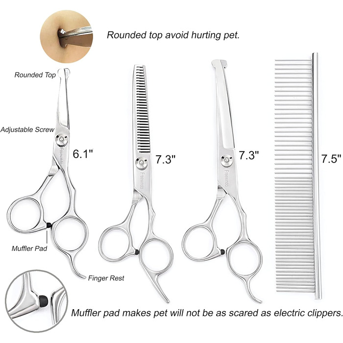 Ножиці для собак Freewindo, професійні, з округлою кінчиком, з нержавіючої сталі, для грумінгу всього тіла