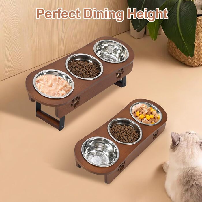 Підвищені годівниці для котів 3 шт. з регульованою висотою, з підставкою, з нержавіючої сталі, для води та корму, для котів та маленьких собак, коричневі