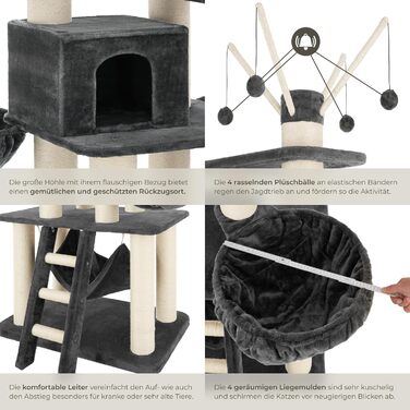 Дерев'яний комплекс для котів Tectake XXL, 195 см, з гамаком, сходами, печерею та когтеточками з сизалю, сірий/білий | 403327