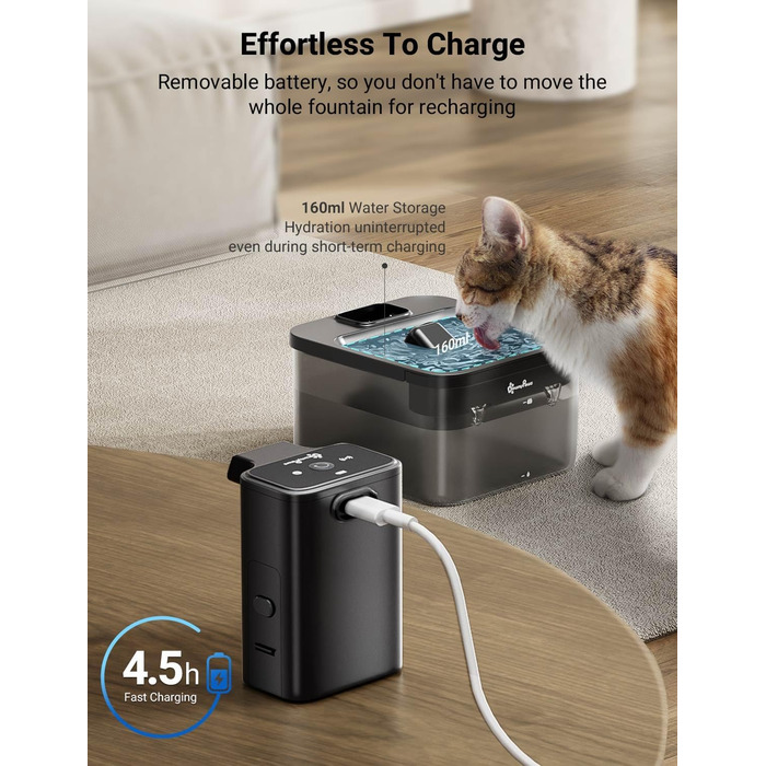 Автоматичний котячий фонтан DownyPaws, 2,5 л, бездротовий, з датчиком руху, BPA-free, чорний, 6 фільтрів