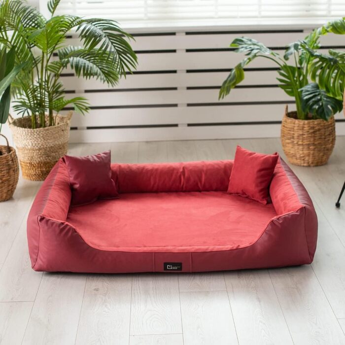 Ортопедичне ліжко для собак Eden, XL, червоне: м'яке, зносостійке, з еко-шкіри та акцентани, для зменшення болю
