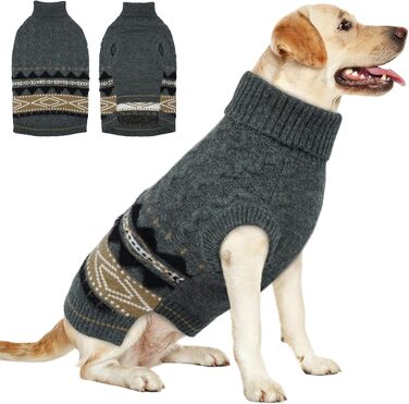 Вовняний пуловер з коміром-хомутом для собак на зиму, теплий візерунок Fair-Isle, сірий, розмір XXL (XX-Large)