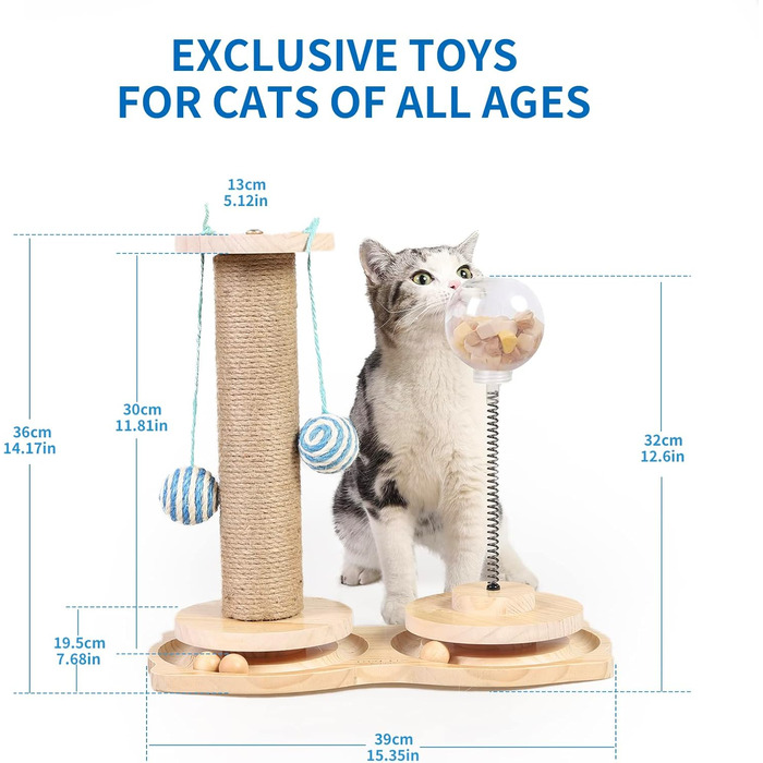 Інтерактивна іграшка для котів Marchul 4-в-1: когтеточка з сизалю, іграшкові м'ячики, куля-дозатор для ласощів. Підходить для кошенят та дорослих котів.