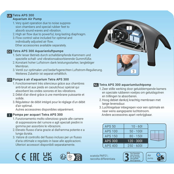 Tetra APS 300 тиха мембранна помпа для акваріумів 120-300 л, чорна