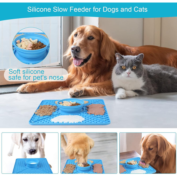 Лежак-лежак для собак VOOWO 2-в-1, миска для повільного годування, миска для їжі та води, силіконовий килимок для собак з присосками, великі та середні породи, блакитний