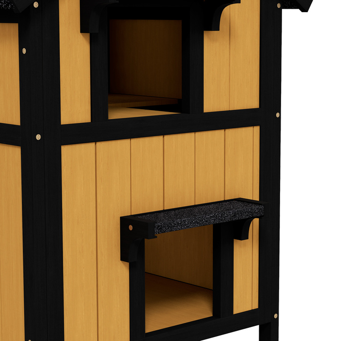 PawHut Cat House, Ялинове дерево, Котячий будинок з кількома входами, 2 поверхи, Котяча печера для вулиці, Невеликий будинок для тварин з асфальтовим дахом, Коробка для квітів, Зимостійкий, Рельєфний дизайн, Жовтий, 96 x 65 x 85,5 см | Аосом